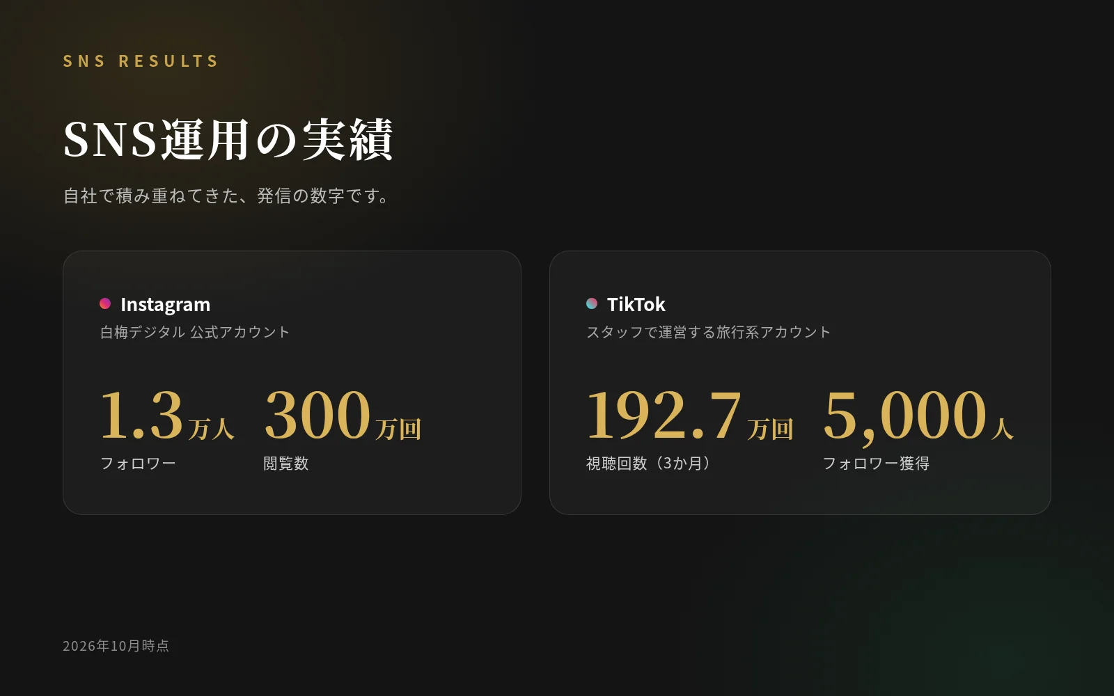 SNS運用の実績 Instagramフォロワー1.3万人・TikTok 3か月で192.7万回再生